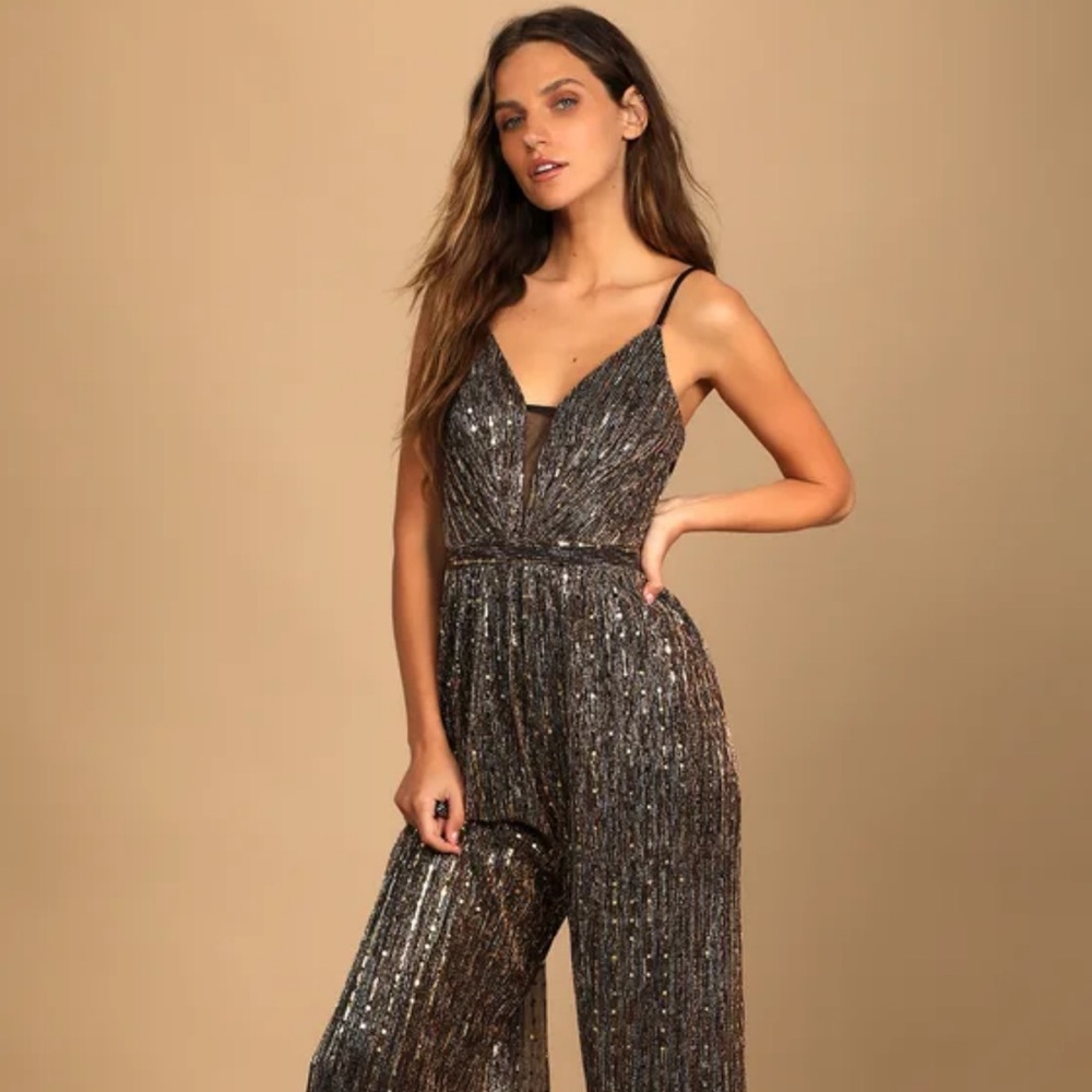 Lulu's Black and Silver Glam Jumpsuit with Metallic Stripes